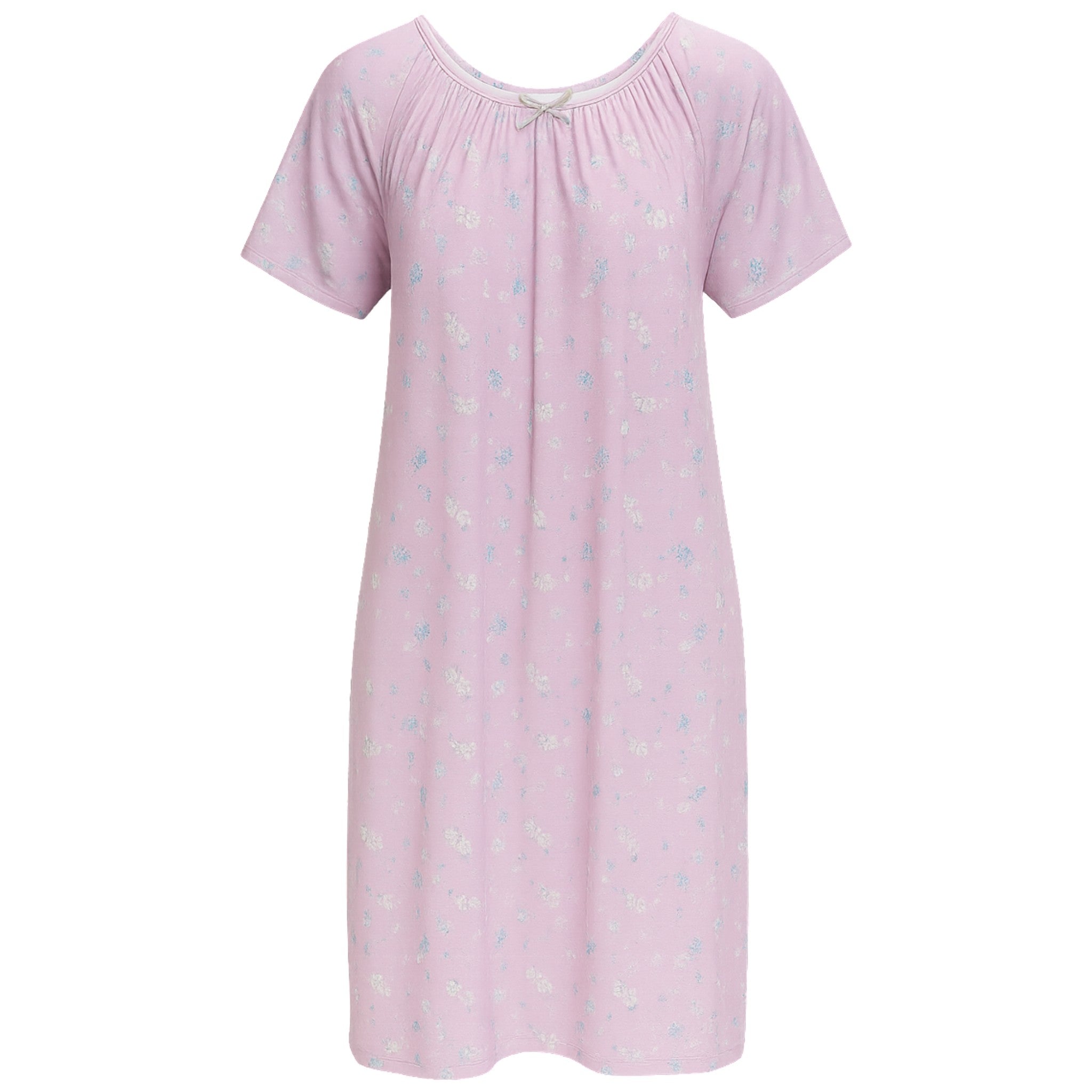 Ladies soft touch short sleeve nightdress in Purple Lilac with pink floral print and bow detail, lightweight fabric sleepwear for women